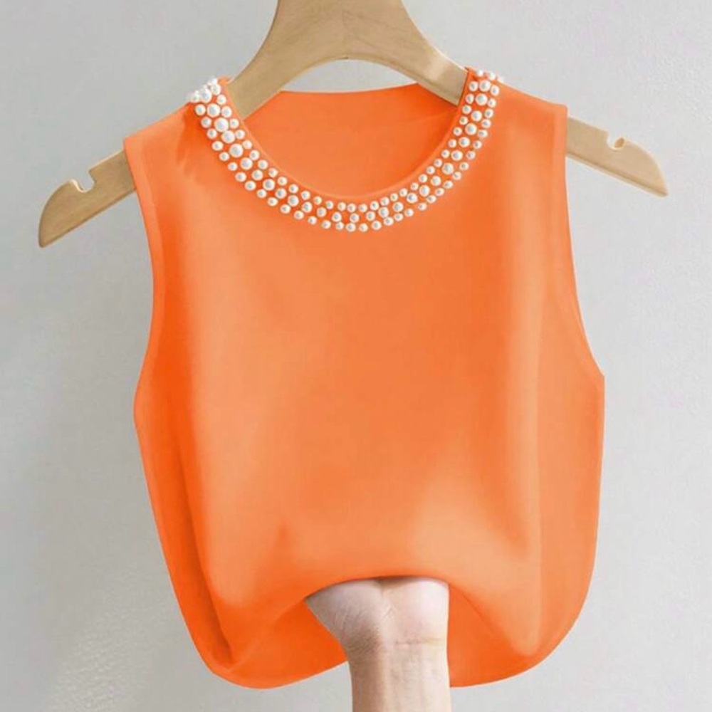 Sleeveless Pearl-Embellished Orange Top